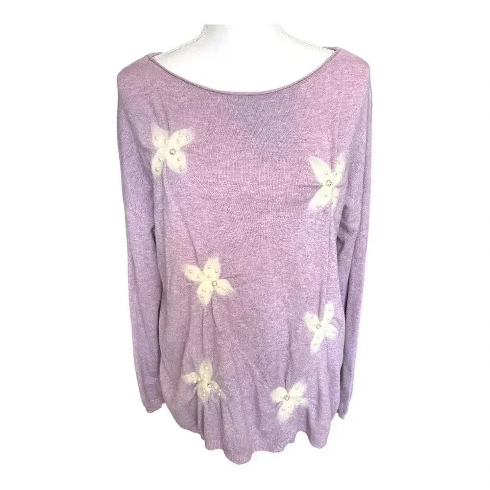 Liquid By Sioni Women’s‎ Small Lavender Bead Embellished Floral Sweater